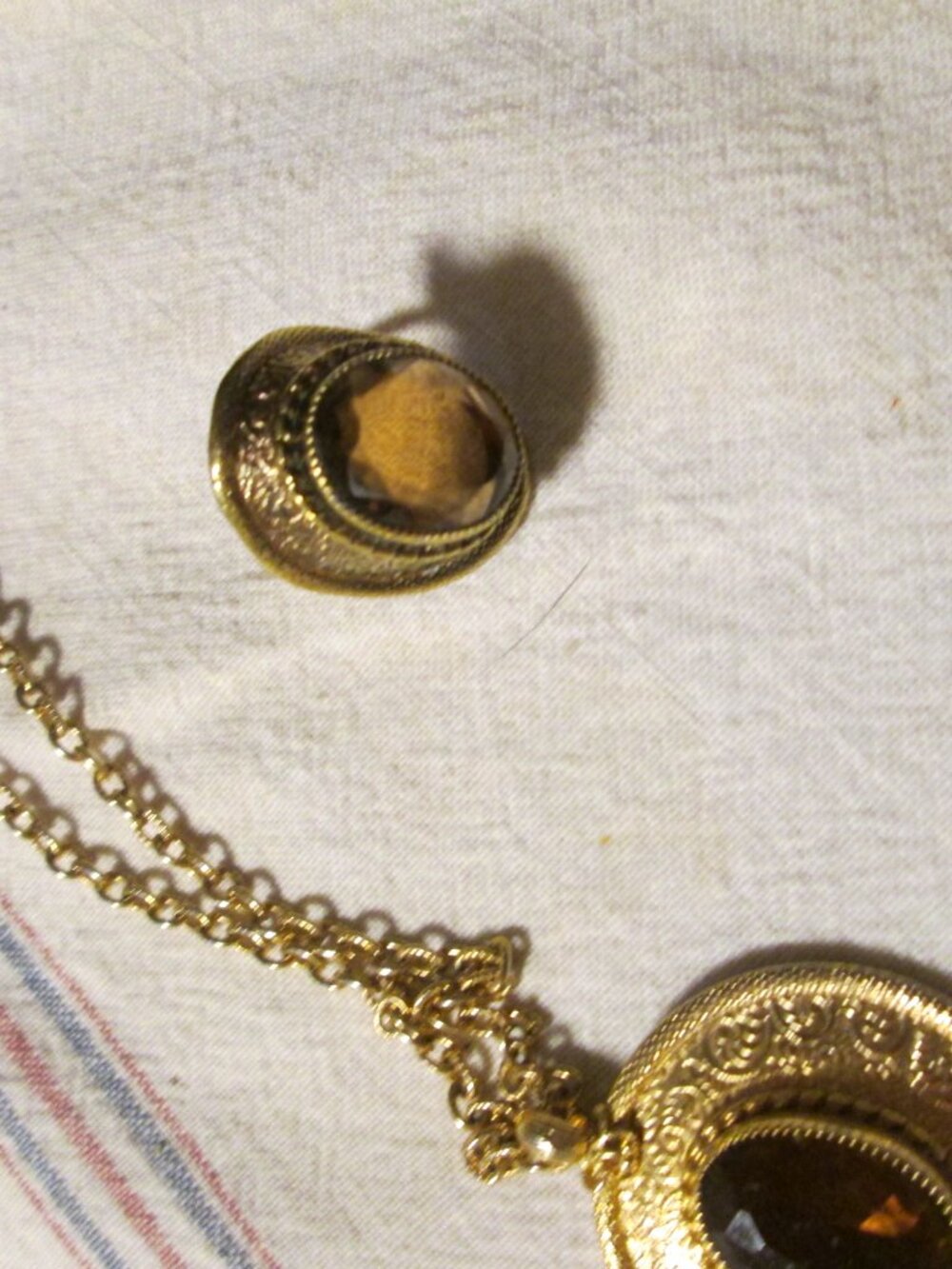 Vtg Emmons pendant chain necklace facted amber topaz glass w/ ring signed - Picture 4 of 4